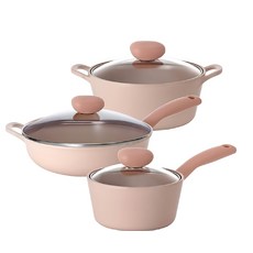 NEOFLAM 台灣公司貨 Sherbet蜜桃雪酪系列 鍋具3件組, 粉色, 1組, 炒鍋+湯鍋+單柄湯鍋
