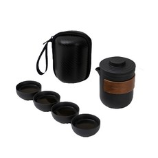 旅行茶具組 黑陶 旅行便攜, 茶壺 + 杯子4入 + 黑色茶濾, 胡桃木紋, 1組