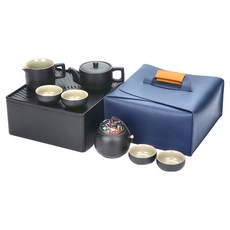 BOACUP 旅行茶具組 附方形皮袋, 茶壺 + 公道杯 + 茶罐 + 茶杯 4個 + 收納盒 + 濾水茶盤 + 龍啟壺, 藍色, 1組