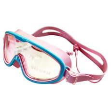 Resheir 兒童大框防霧蛙鏡 有耳塞 袋裝(無收納盒), 天藍框 + 粉色, 1個