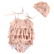 愛北鼻 ins女童泳衣 粉碎花 吊帶連身泳衣+泳帽