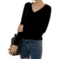 親膚V領彈性包芯紗修身上衣, F, 黑色
