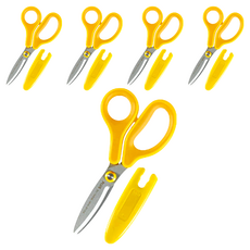 FitcutCurve 兒童30度弧線剪刀 左手用 SC-145ML, 氟素加工刀刃不沾黏, 安全圓形尖端附收納蓋, 柔軟材質握柄, 黃色, 5個