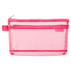 日本MIDORI CL細網筆袋, 粉色, 雙層拉鍊設計, 透明網格材質, 文具收納, 1個
