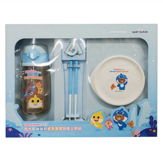 VIIDA 熊大和碰碰狐鯊魚寶寶快樂上學組, 寶貝藍, 不鏽鋼餐碗 + 學習筷 + 兒童水壺, 兒童餐具套裝, 1組
