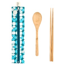 in Blooom 印花樂 拉鏈餐具袋 含餐具 棉、聚酯纖維、尼龍拉鏈、竹餐具/45g W6 x L26 cm, 澡堂綠, 湯匙 + 筷子, 1組