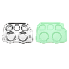 不鏽鋼分隔餐盤組 - 含蓋子 304不鏽鋼 耐熱800度 容量850ml, 噗噗車 綠色, 1組