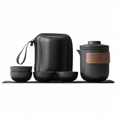 陶瓷旅行便攜茶具組 一壺四杯, 茶壺 + 濾網 + 品茗杯 4個 + 茶巾 + 收納包, 1組, 黑色