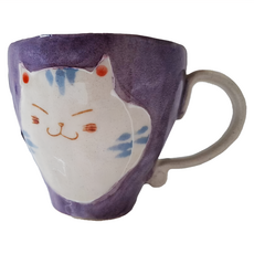 手繪貓馬克杯, 陶瓷材質, 適用溫度-30°C~100°C, 日本產, 紫色, 1個