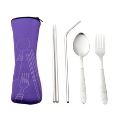 生活King 不鏽鋼5件式隨身餐具組 含收納袋, 顏色隨機, 1組