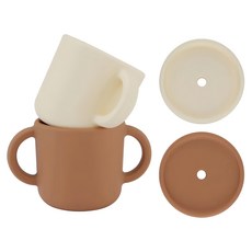 by Lille Vilde 矽膠雙耳杯2件組 附蓋吸管 耐冷耐熱 -40°C~230°C, 白色 + 棕色, 150ml, 1組