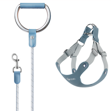 VOOCOO 蔚刻 OOTD寵物牽引繩胸背套裝 金屬環牽引繩 皮革防滑把手 柔軟易穿戴, 霧藍色, 1件