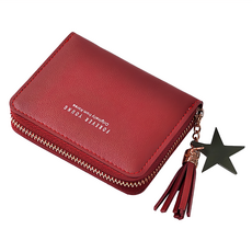 FOREVER YOUNG 韓版星星流蘇錢包 五金拉鏈 內部拉鏈袋 精緻裝飾, 酒紅色, 短款