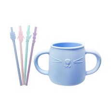 Brunoko 幼兒杯吸管組 矽膠吸管4件組, 藍色, 1組, 230ml