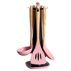 Jasmine’s Kitchen 小茉廚房 矽膠櫸木廚具6件組, 珊瑚粉, 1組, 煎鏟 + 湯勺 + 淺湯勺 + 麵勺 + 刮刀 + 旋轉掛勾檯