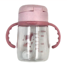 mugu 沐咕寶貝 小麥纖維 Tritan 重力球學習杯, 220ml/350ml, 防滑手把, 好拆好洗好乾淨, 粉色 獨角獸, 1個