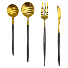 Homely Zakka 輕奢黑潮不鏽鋼餐具4件組, 餐刀22 x 1.5cm + 餐叉22 x 3cm + 湯匙21 x 4.5cm + 甜點勺18 x 4cm, 黑潮, 1組