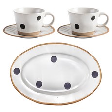 JUST HOME 圓點下午茶餐具組, 白色, 12吋橢圓盤+咖啡杯2個+盤2個, 1組
