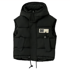 兒童款秋冬羽絨棉背心, 加厚拼色背心外套，有帽子，柔軟, 120, 黑色