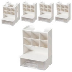 斜插式筆筒置物架, 帶抽屜, 白色, 6個