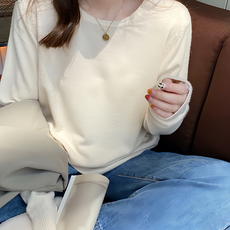 薄款圓領羊絨長袖打底衫, 均碼, 杏色