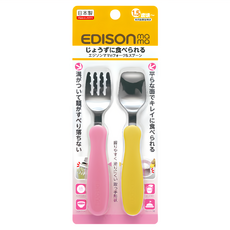 EDISON mama KJC 嬰幼兒學習餐具組 1.5歲以上, 叉子+湯匙, 粉色+黃色, 1組
