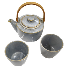 SALIU 祥 SYO木製提把 陶瓷土瓶急須 日本製造, 灰色, 茶壺 + 茶杯, 1組