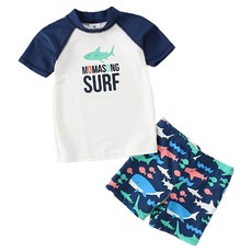 愛北鼻 男童分體泳衣, 鯊魚印花, 1入, 14, 深藍字母鯊魚