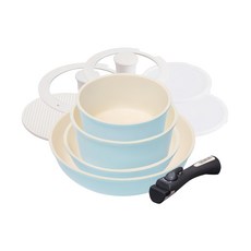 IRIS OHYAMA 愛麗思歐雅瑪 馬卡龍陶瓷塗層IH不沾鍋具 9件組 CC-SE9N, 平底鍋26cm + 平底鍋20cm + 湯鍋20cm + 湯鍋16cm + 矽膠玻璃鍋蓋20cm + 矽膠玻璃鍋蓋16cm + PE密封蓋20cm + PE密封蓋16cm + 可拆式把手 + 隔熱鍋墊, 湖水藍, 1組