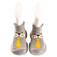 寬頭防滑透氣膠底學步鞋，高筒紳士灰熊, 22~23