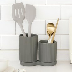 Natureliving 褶皺瀝水陶瓷雙格餐具筒, 1個, 灰色