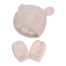 小綠豆居家百貨 歐美風寶寶保暖帽手套組 粉帽+手套 S(頭圍32~40cm以內) 0〜6個月 針織棉保暖, 1組
