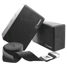 Tumaz 月熊 EVA瑜珈磚繩組 - 50D硬度，環保安全，止滑減震，堅固耐用, 瑜珈磚22.5 x 14.5 x 7.5cm + 瑜珈繩300cm, 個性黑, 1組