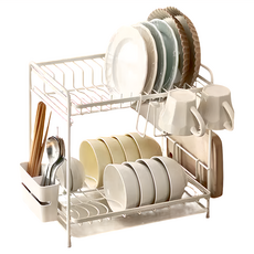 懶角落檯面餐具瀝水架雙層寬款，附砧板架、筷子筒、杯具瀝水架，廚房收納好幫手, 1組