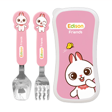 Edison Friends 兒童餐具組, 湯匙 2支 + 叉子 2支 + 收納盒 2個, 粉色兔子, 1組