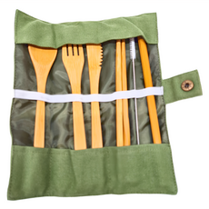 Homely Zakka 日式便攜木質餐具套裝7件組, 勺 + 叉 + 刀 + 筷 + 吸管 + 吸管刷 + 袋子, 墨綠色, 1組