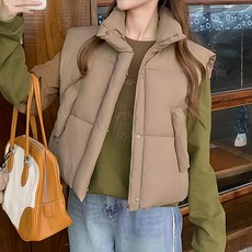 立領好比例短版保暖羽絨背心, 有口袋, 下擺抽繩, L, 卡其