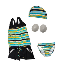 Summer love 夏之戀 連身褲二件式泳裝 附泳帽和活動式罩杯, 綠色 + 黑色