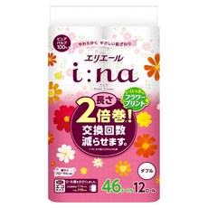 elleair 艾黎艾爾 i:na 2倍巻 雙層印花捲筒衛生紙 柔軟親膚 減少卷寬, 46m, 12捲, 1袋