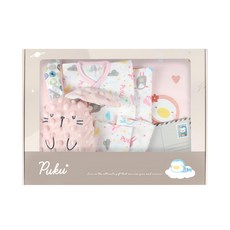 PUKU 藍色企鵝 月光柔柔親膚禮盒， 包含肚衣、蝴蝶衣、..., 肚衣50cm + 蝴蝶衣60cm + 手帕30 x 30cm + 浴巾70 x 100cm + 幼兒枕45 x 32 x 8cm + 玩偶21 x 15cm, 印花粉