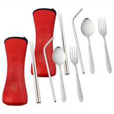 不鏽鋼5件式隨身餐具組, 筷子 + 吸管 + 湯匙 + 叉子 + 收納袋, 顏色隨機, 2組