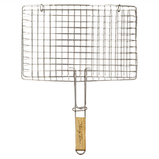 呷霸 木柄多功能烤魚網, 扣環設計夾緊食材, 輕鬆翻面, 燒烤兩用, 方便清洗, 長46(含木柄) x 寬34 x 高21cm, 1個