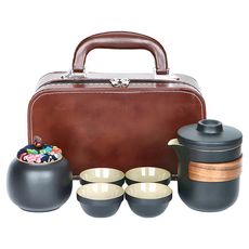 小旅行茶具套裝, 一壺四杯, 黑色花茶具咖啡皮箱款, 1組