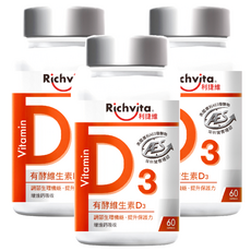 Richvita 利捷維 有酵維生素D, 720IU, 美國專利AES發酵物, 調整生理機能, 提升保護力, 增進鈣吸收, 支持骨骼健康, 60顆, 3罐