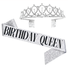 生日皇后背帶組，含皇冠, 銀色, 1組, 背帶(9.5 x 156cm) + 皇冠(13.5 x 3.5cm)