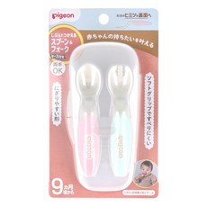 pigeon 貝親 寶寶餐具組 湯匙*1+叉子*1+收納盒*1, 粉色+藍色, 1組