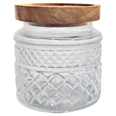 Homely Zakka 木蓋浮雕玻璃密封罐/儲物罐/廚房收納罐 圓形 10 x 10 x 11.5cm, 401ml, 1個