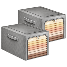 衣服收納箱, 加深款側開, 防塵防潮, 穩固結實, 49L, 灰色, 2個