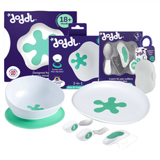 doddL 秒拾餐具7件組 豪華大全配 人體工學兒童學習餐具, 18個月以上適用, 湖水綠, 1組, 飛碟餐盤+攜帶盒+吸盤餐碗