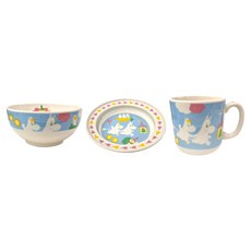 yamaka 山加商店 陶瓷3件組 馬克杯 (約250ml) + 飯碗 (直徑約10.5x5cm) + 盤 (直徑約14x3cm) 日本製, 馬克杯 + 飯碗 + 盤, MOOMIN 白色 + 藍色, 1組